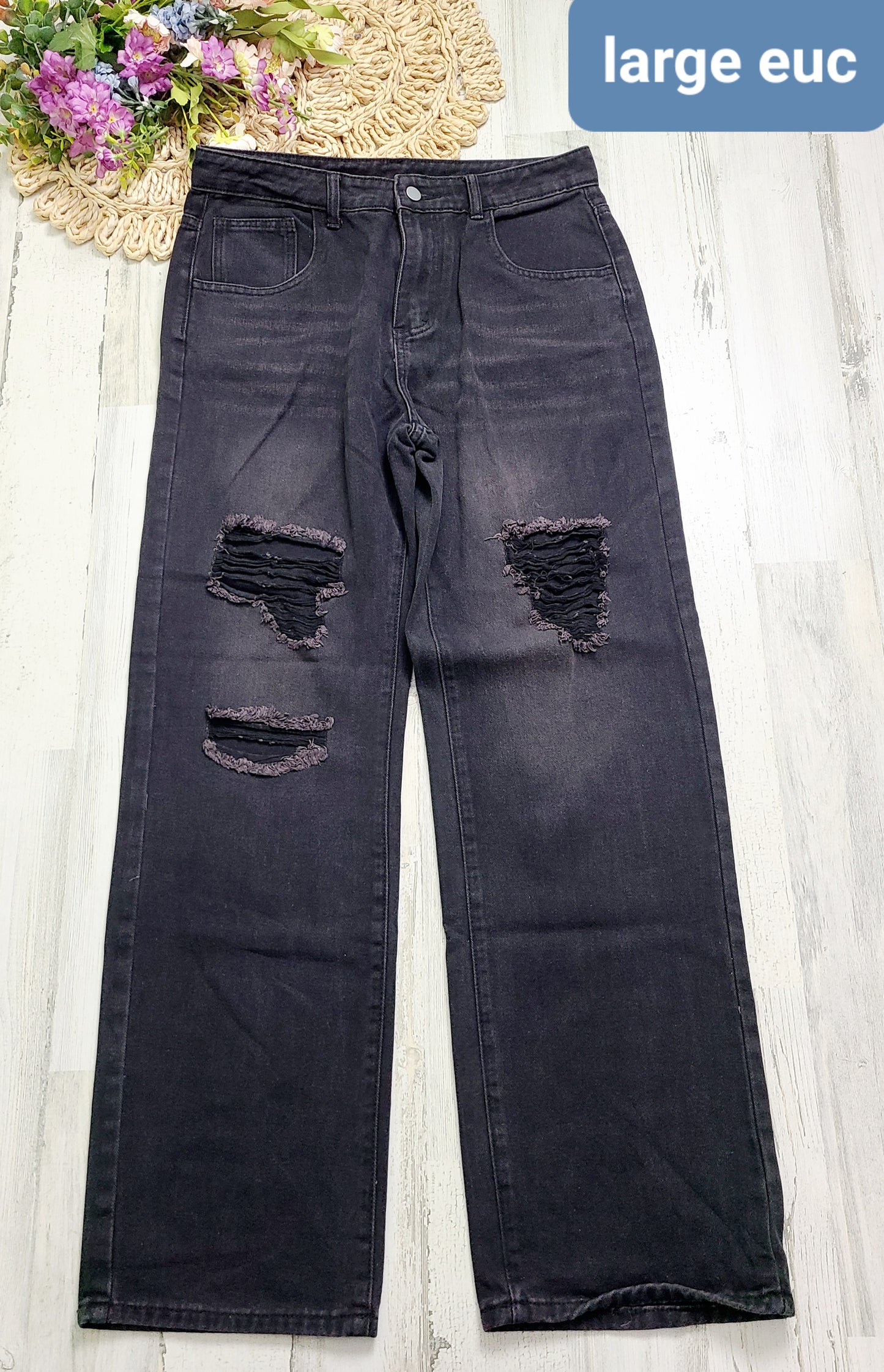 large no brand distressed black jeans