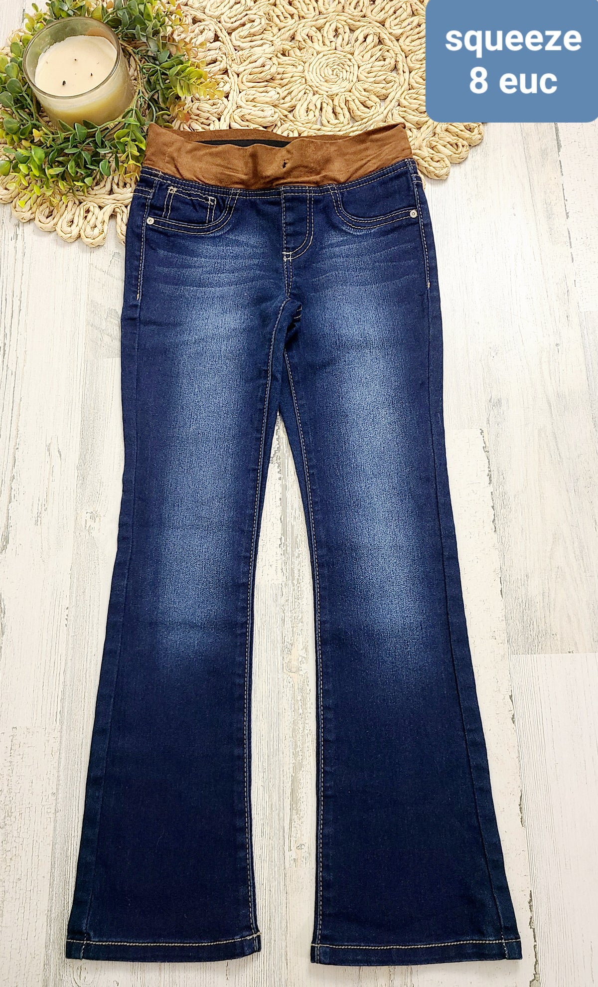 squeeze dark wash flare brown waistband