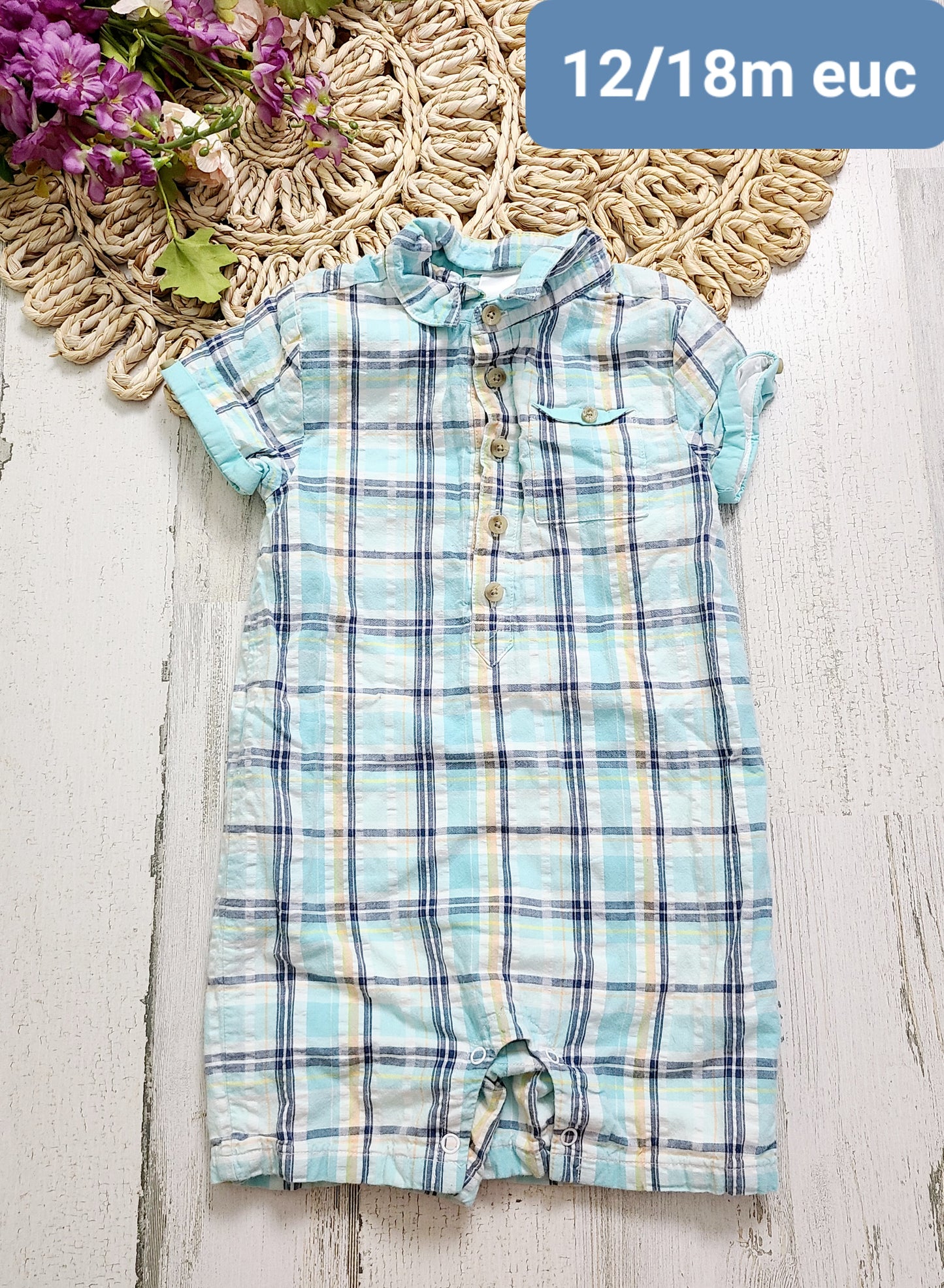 plaid romper button
