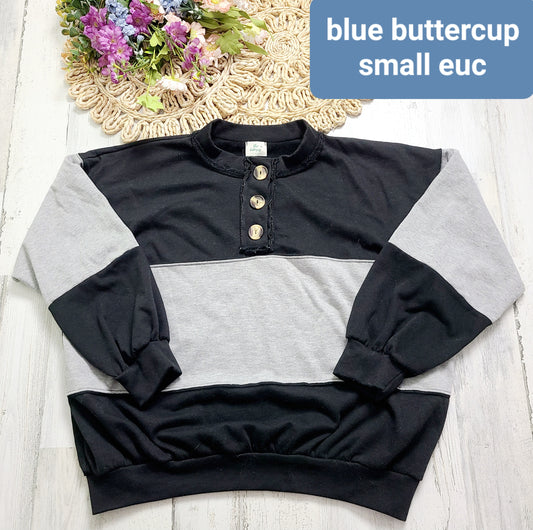 blue buttercup gray black henley crewneck