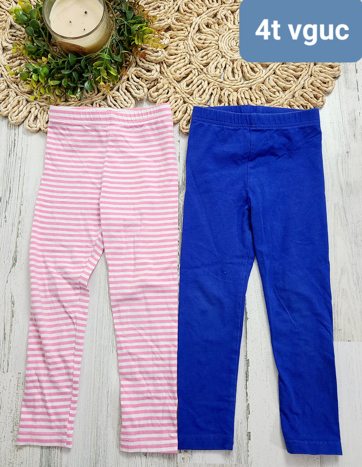 pink & white stripe & blue leggings 2 pairs