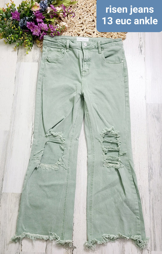 risen sage green distressed jeans ankle