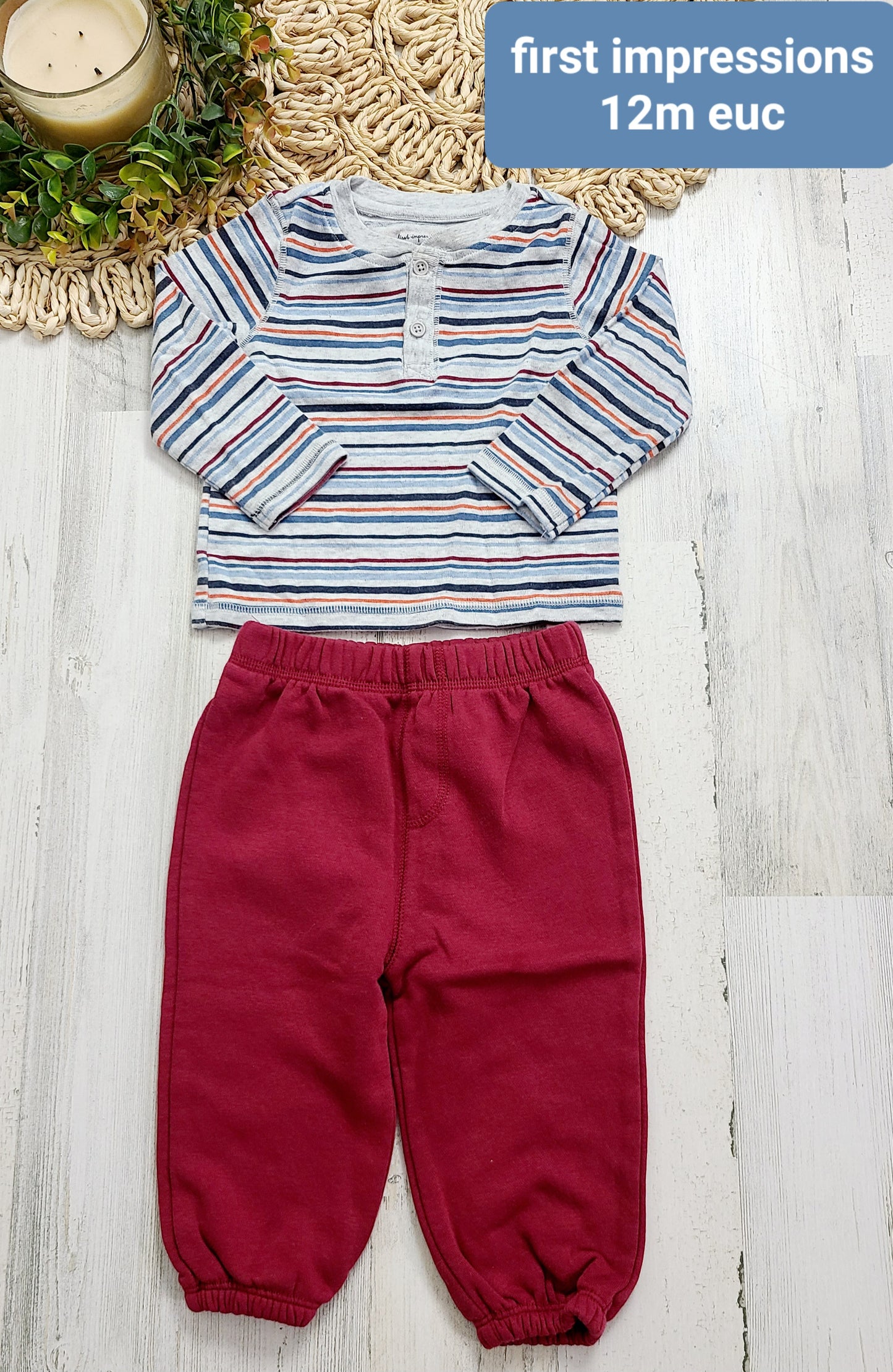 first impressions striped top and red joggers