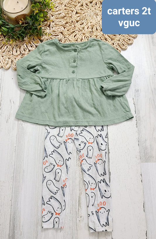carters 2t green top and ghost leggings