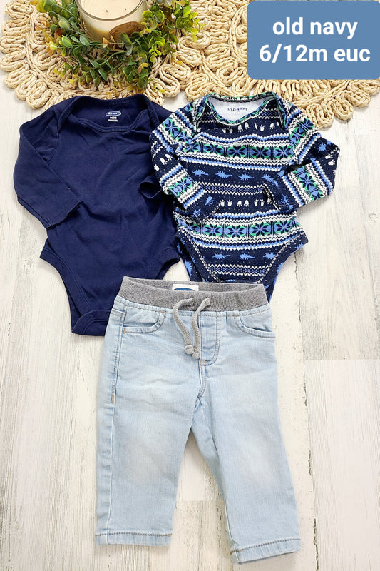 winter dino with navy onesie and jeans bundle