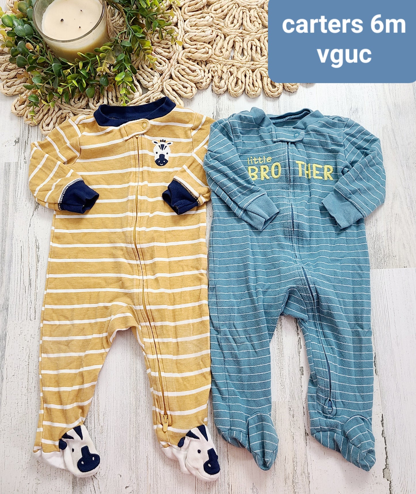 striped mustard and blue pajamas carters
