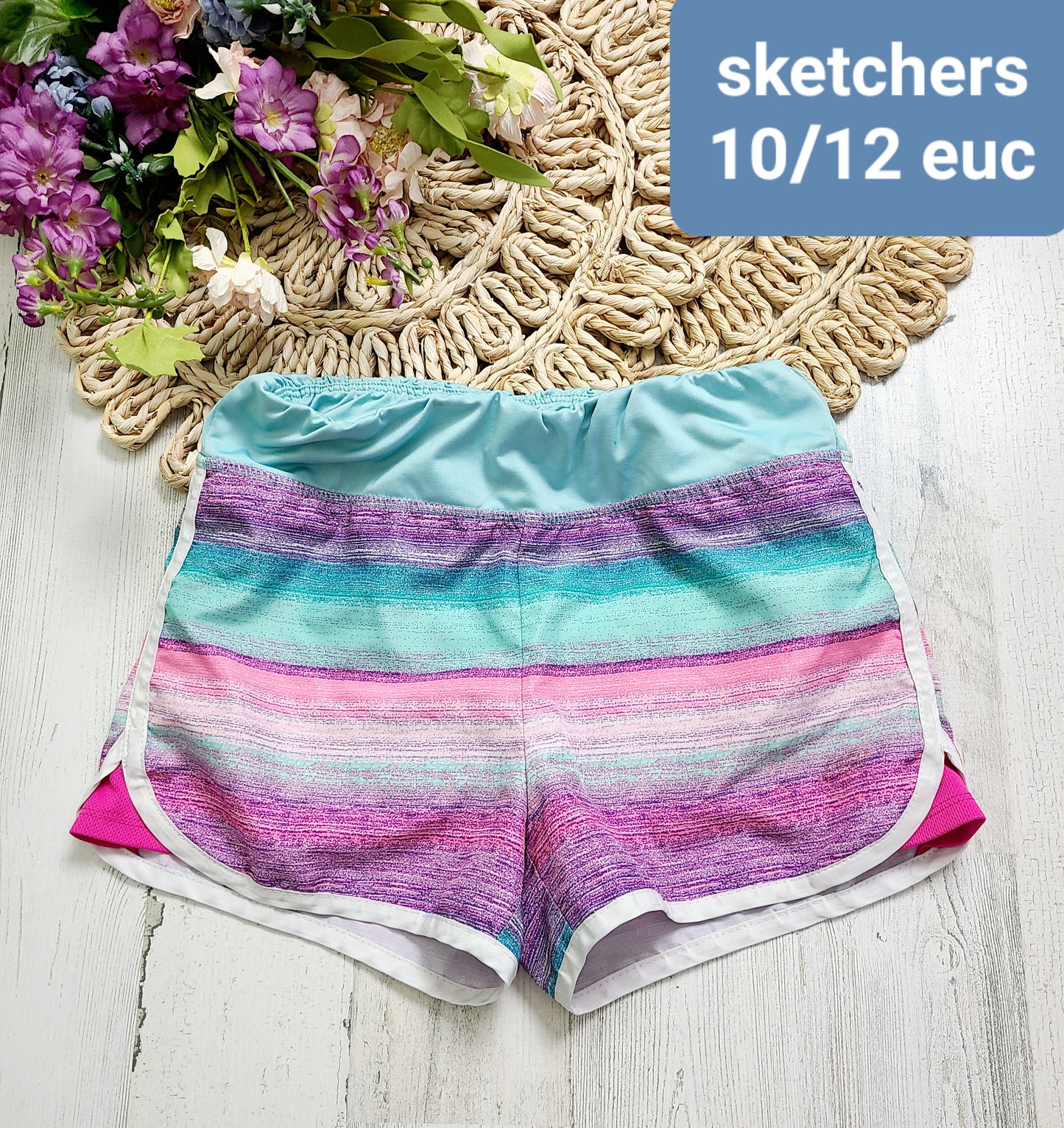 striped pink blue sketchers shorts