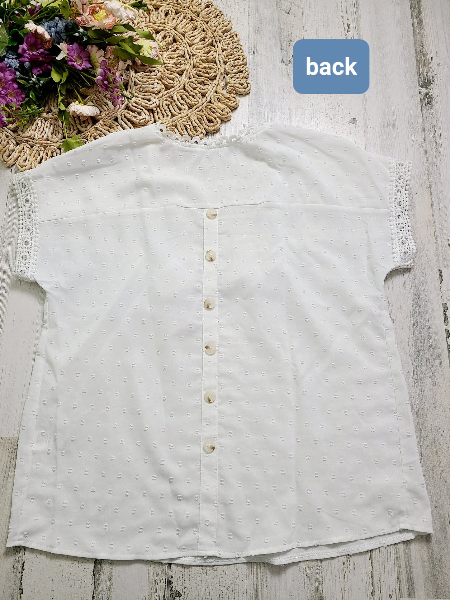 large white top buttons down back