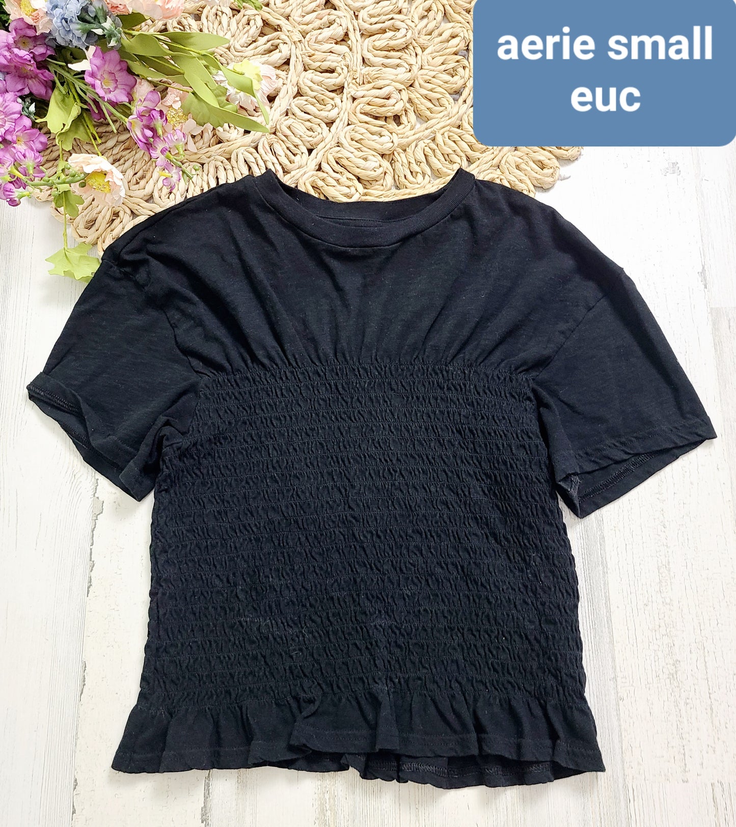 aerie black smocked tee