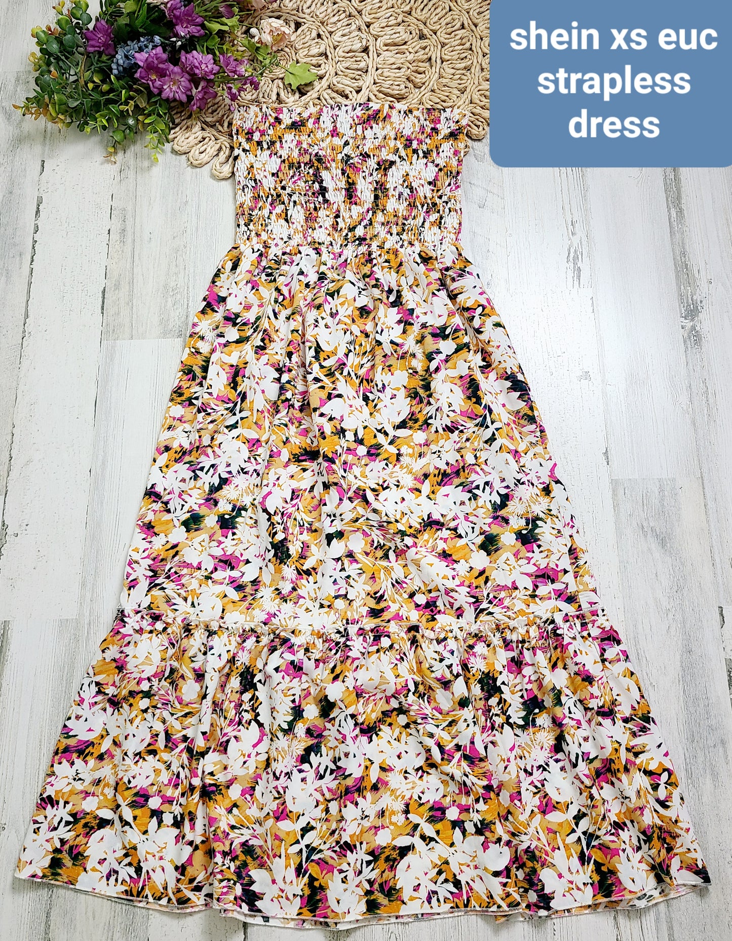 strapless smocked shein dress floral