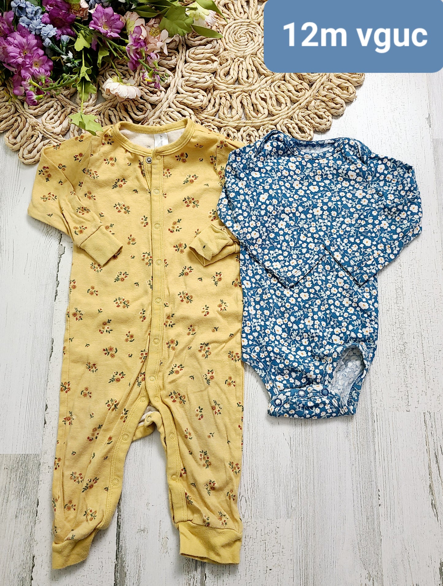 yellow floral and blue onesies