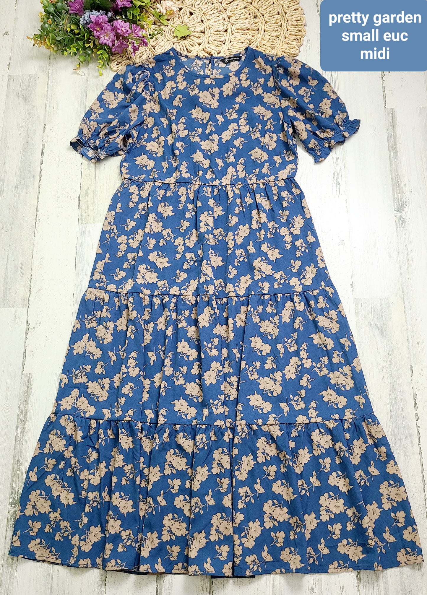 navy tan floral pretty garden midi