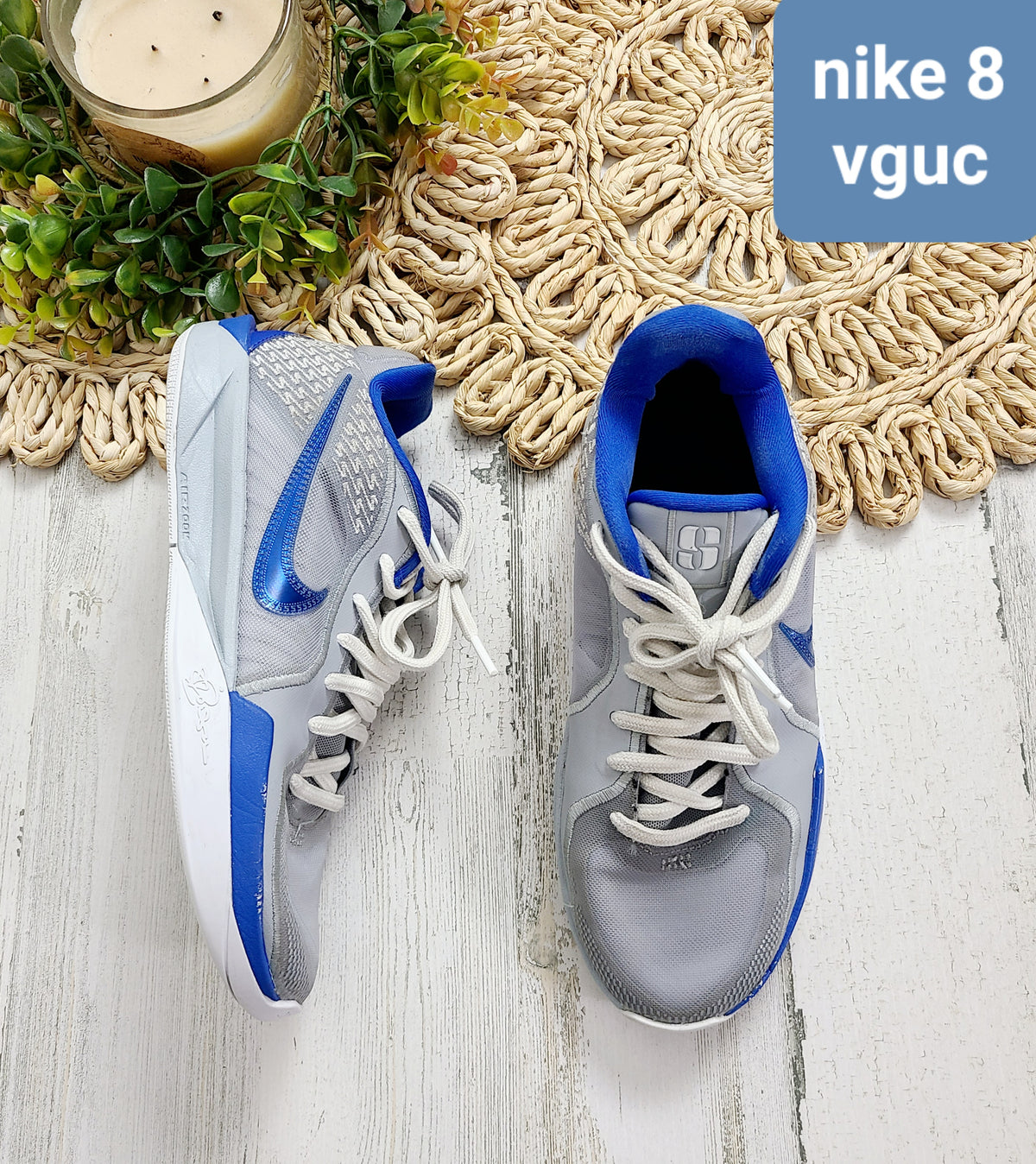 gray with blue nike shoes 8y