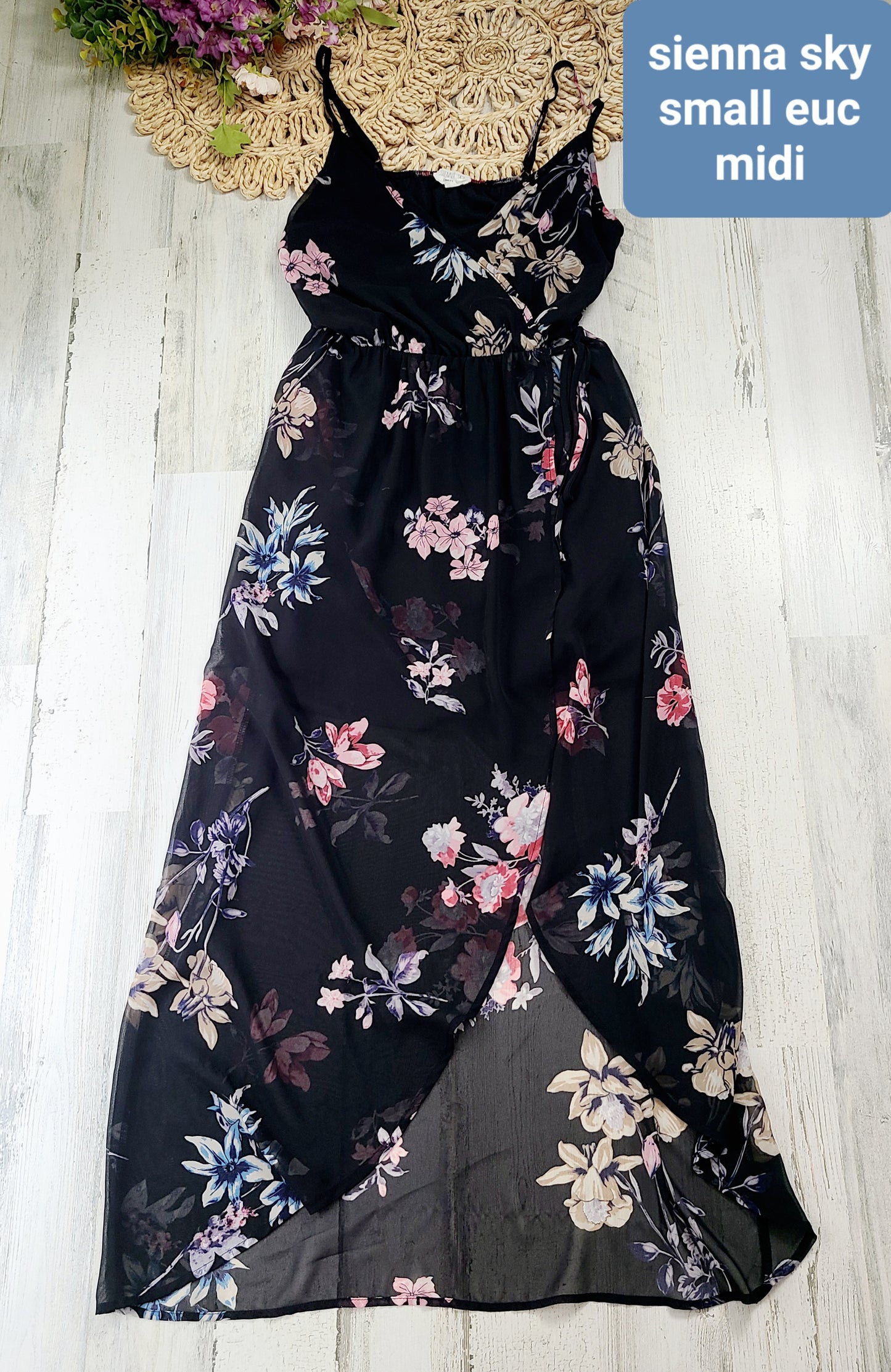 sienna sky crossover floral black dress