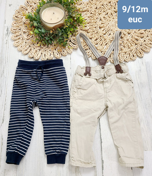 striped joggers and khaki suspenders 9/12m