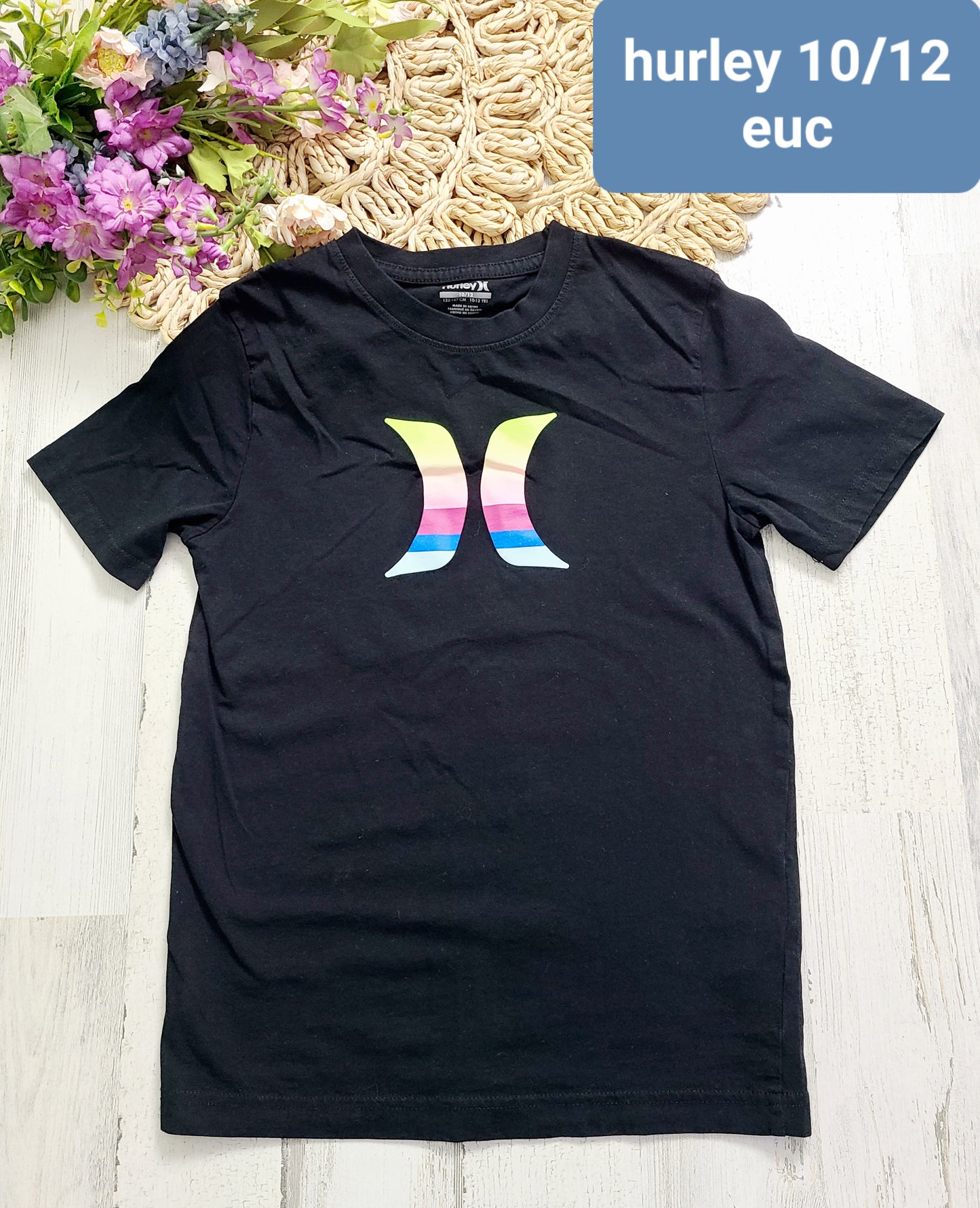 hurley black tee colorful logo