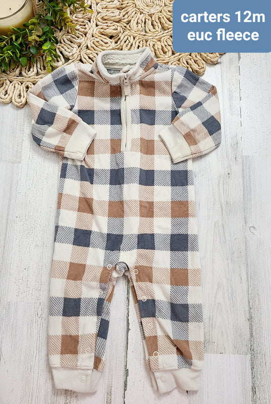 gray tan plaid fleece carters jumpsuit