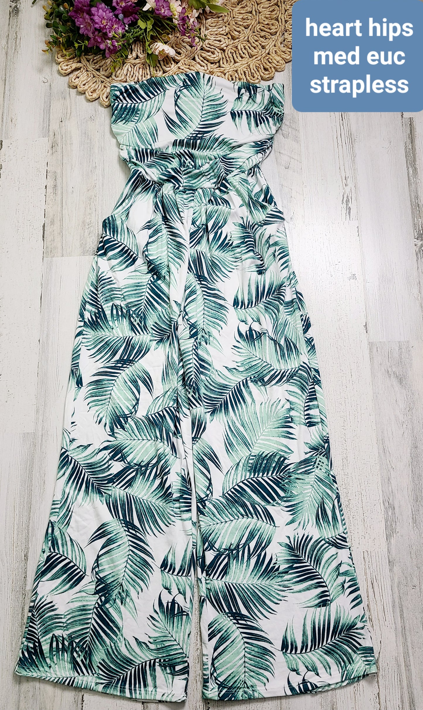 heart hips strapless jumpsuit green leaves