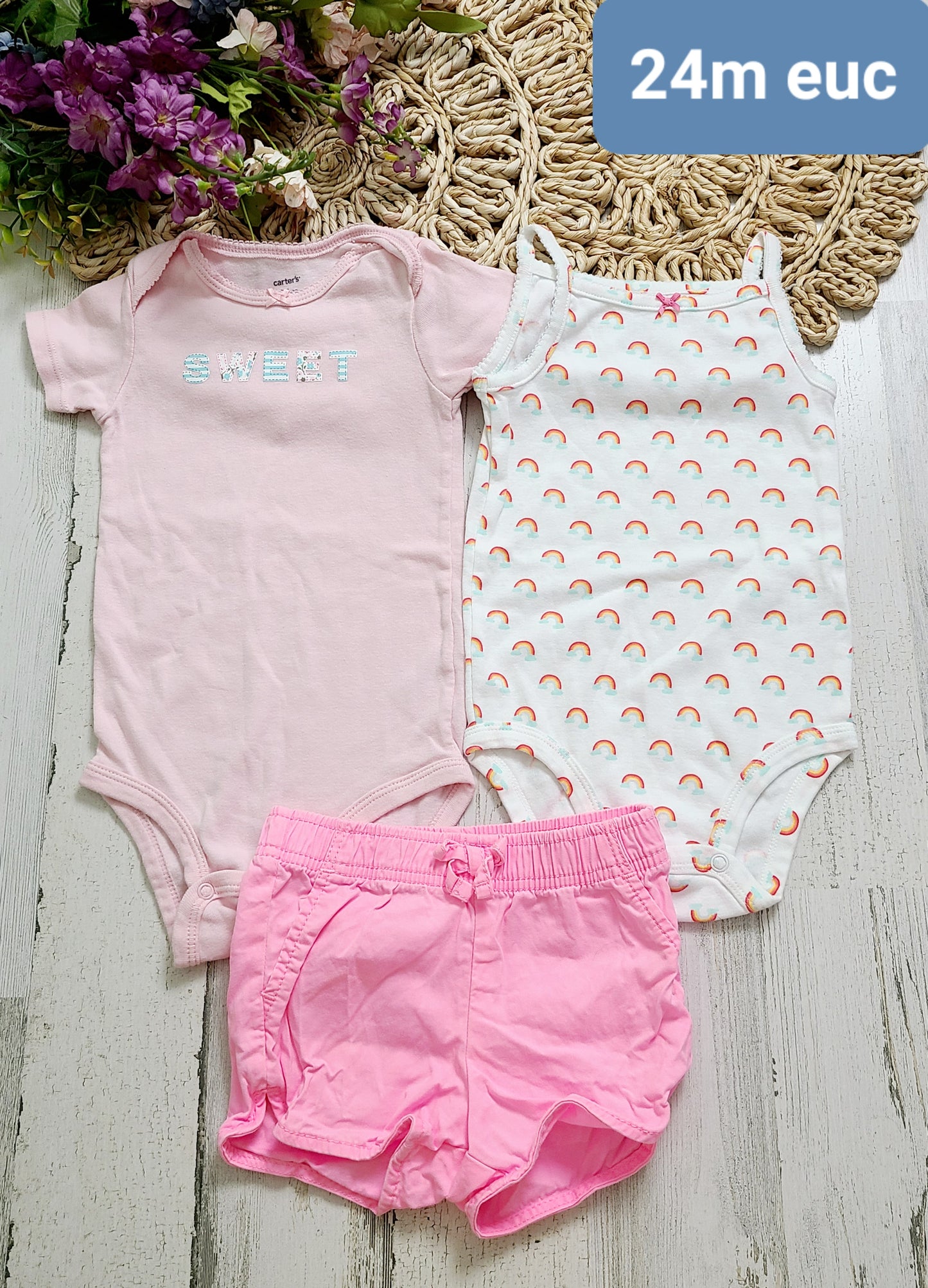 24m onesies and pink shorts