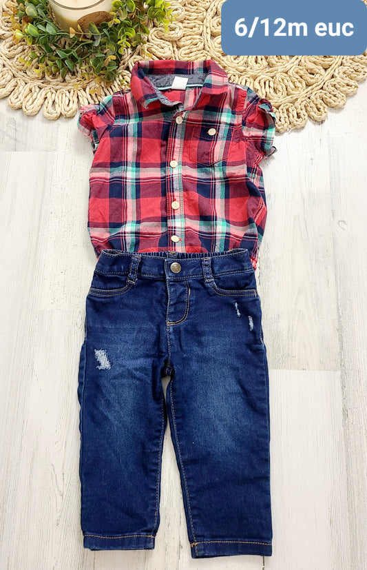 plaid shirt and distressed jeans
